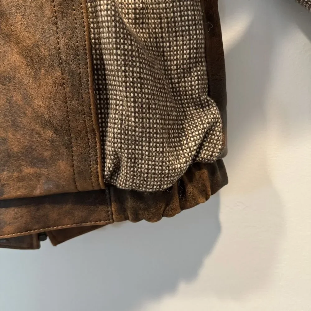 Vintage Mario Zarelli Leather Jacket Distressed Wool Bomber Brown Mens 38 Medium